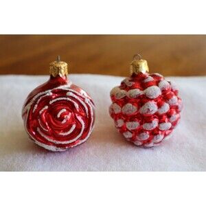 Lot of 2 Red Rose & Pinecone or Berry Blown Glass Christmas Ornament (Poland)
